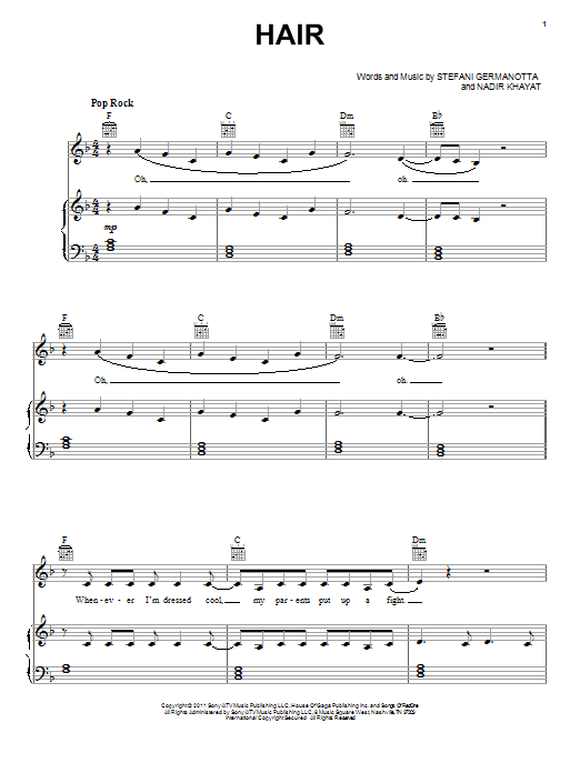 Download Lady GaGa Hair Sheet Music and learn how to play Piano, Vocal & Guitar (Right-Hand Melody) PDF digital score in minutes