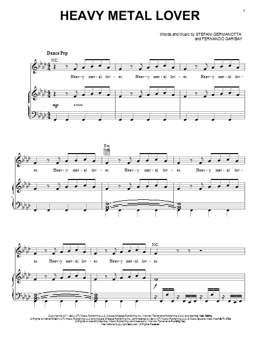 Download Lady Gaga Heavy Metal Lover Sheet Music and learn how to play Piano, Vocal & Guitar (Right-Hand Melody) PDF digital score in minutes
