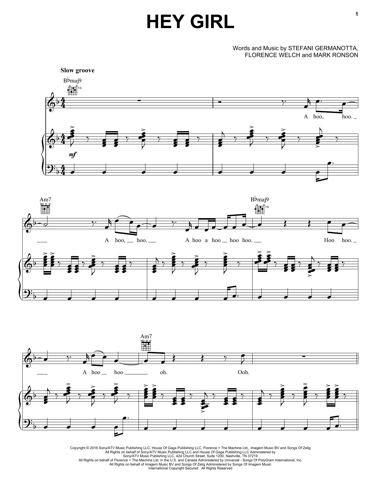 Download Lady Gaga Hey Girl Sheet Music and learn how to play Piano, Vocal & Guitar (Right-Hand Melody) PDF digital score in minutes