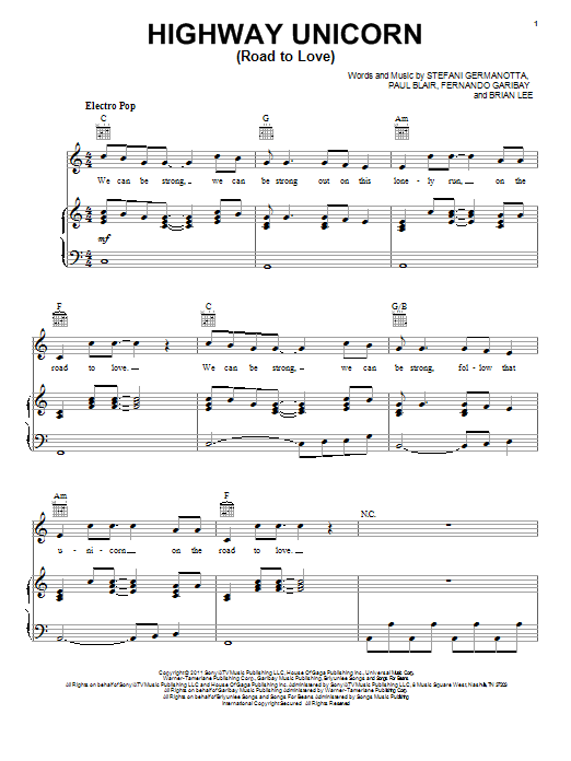 Download Lady Gaga Highway Unicorn (Road To Love) Sheet Music and learn how to play Piano, Vocal & Guitar (Right-Hand Melody) PDF digital score in minutes