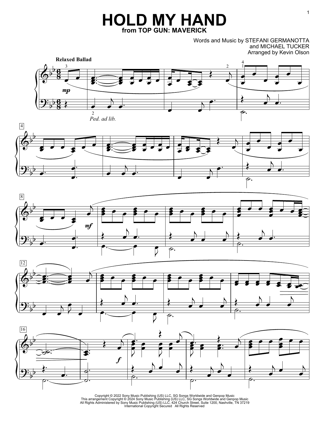 Download Lady Gaga Hold My Hand (from Top Gun: Maverick) (arr. Kevin Olson) Sheet Music and learn how to play Easy Piano Solo PDF digital score in minutes