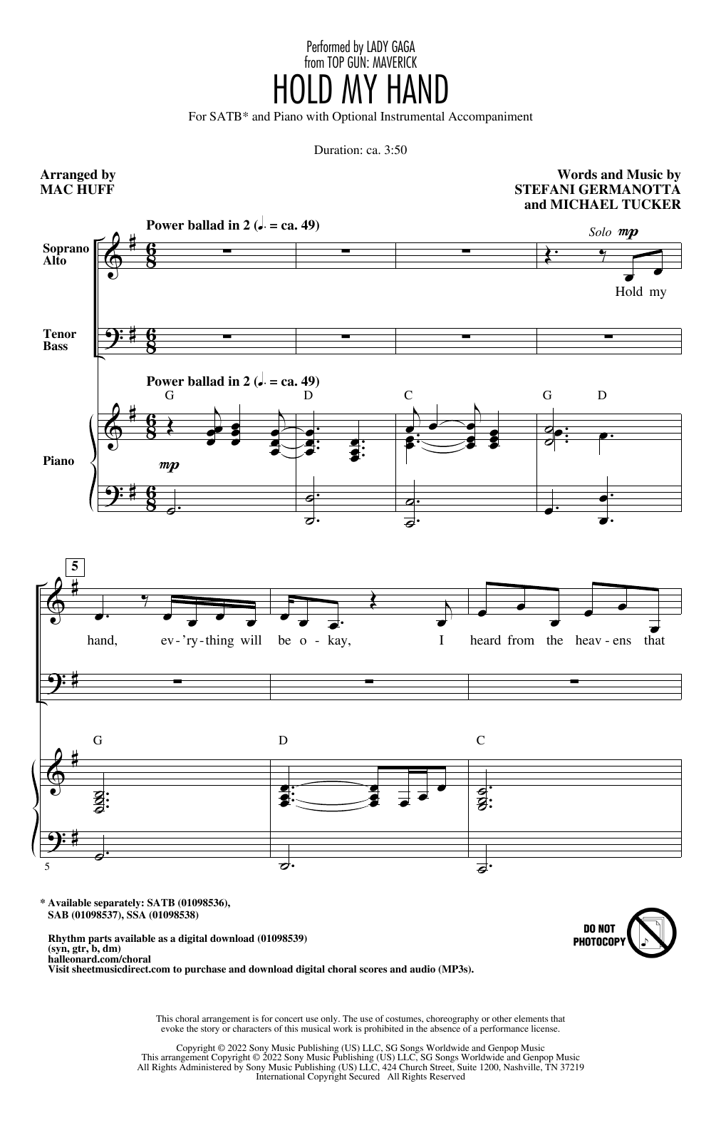 Download Lady Gaga Hold My Hand (from Top Gun: Maverick) (arr. Mac Huff) Sheet Music and learn how to play SATB Choir PDF digital score in minutes