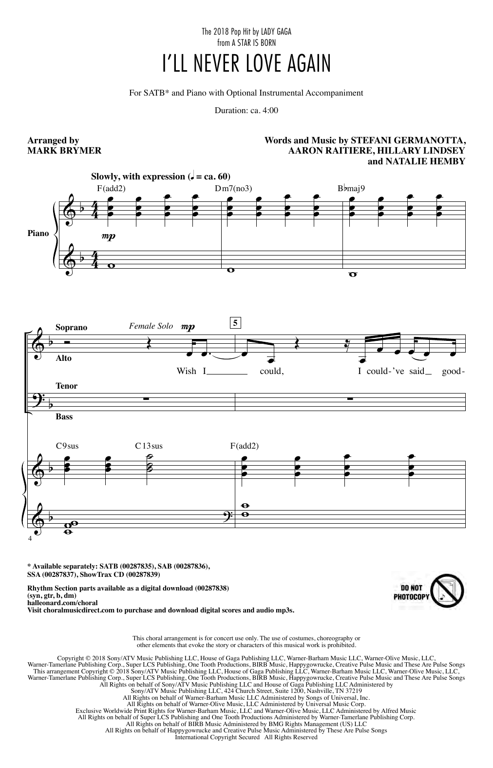 Download Lady Gaga I'll Never Love Again (from A Star Is Born) (arr. Mark Brymer) Sheet Music and learn how to play SAB Choir PDF digital score in minutes