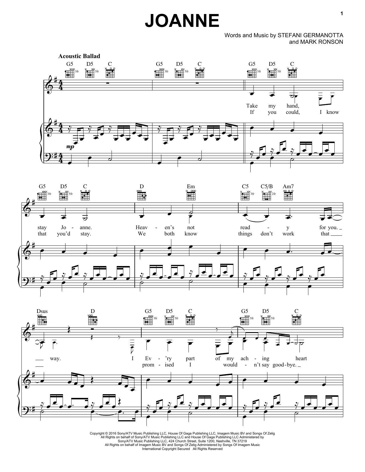Download Lady Gaga Joanne Sheet Music and learn how to play Piano, Vocal & Guitar (Right-Hand Melody) PDF digital score in minutes