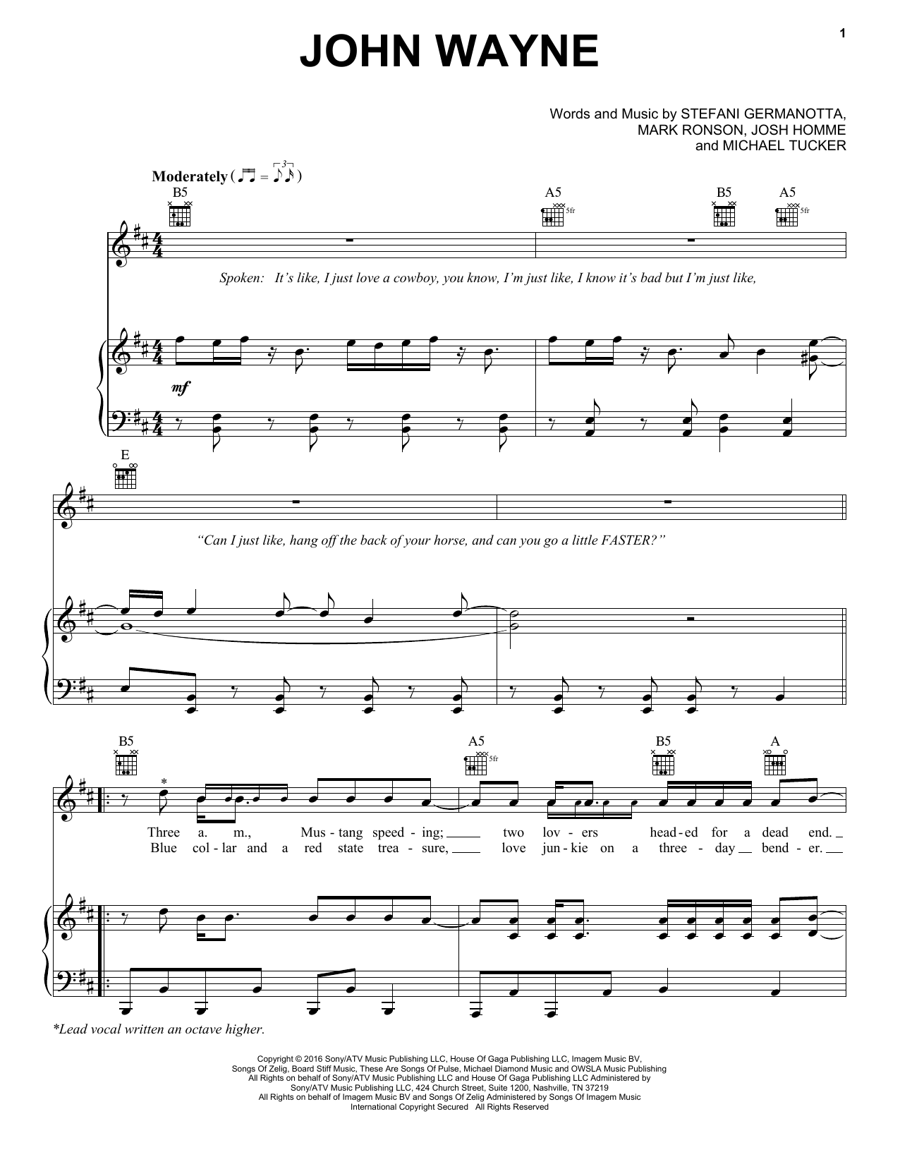 Download Lady Gaga John Wayne Sheet Music and learn how to play Piano, Vocal & Guitar (Right-Hand Melody) PDF digital score in minutes