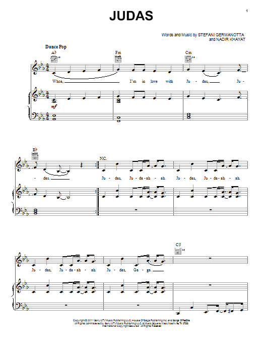 Download Lady Gaga Judas Sheet Music and learn how to play Piano, Vocal & Guitar (Right-Hand Melody) PDF digital score in minutes