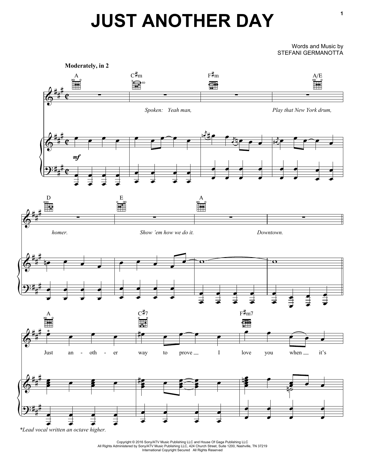 Download Lady Gaga Just Another Day Sheet Music and learn how to play Piano, Vocal & Guitar (Right-Hand Melody) PDF digital score in minutes