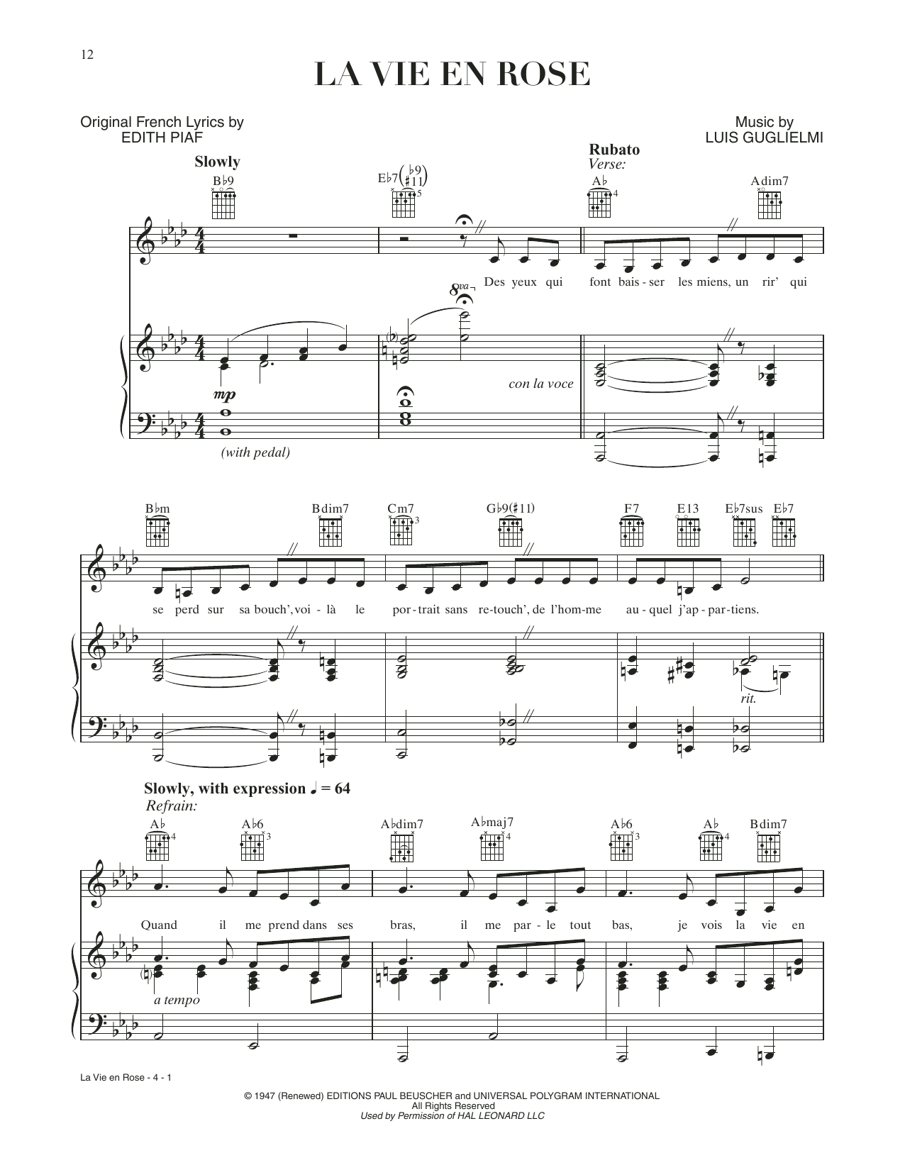 Download Lady Gaga La Vie En Rose (from A Star Is Born) Sheet Music and learn how to play Piano, Vocal & Guitar Chords (Right-Hand Melody) PDF digital score in minutes