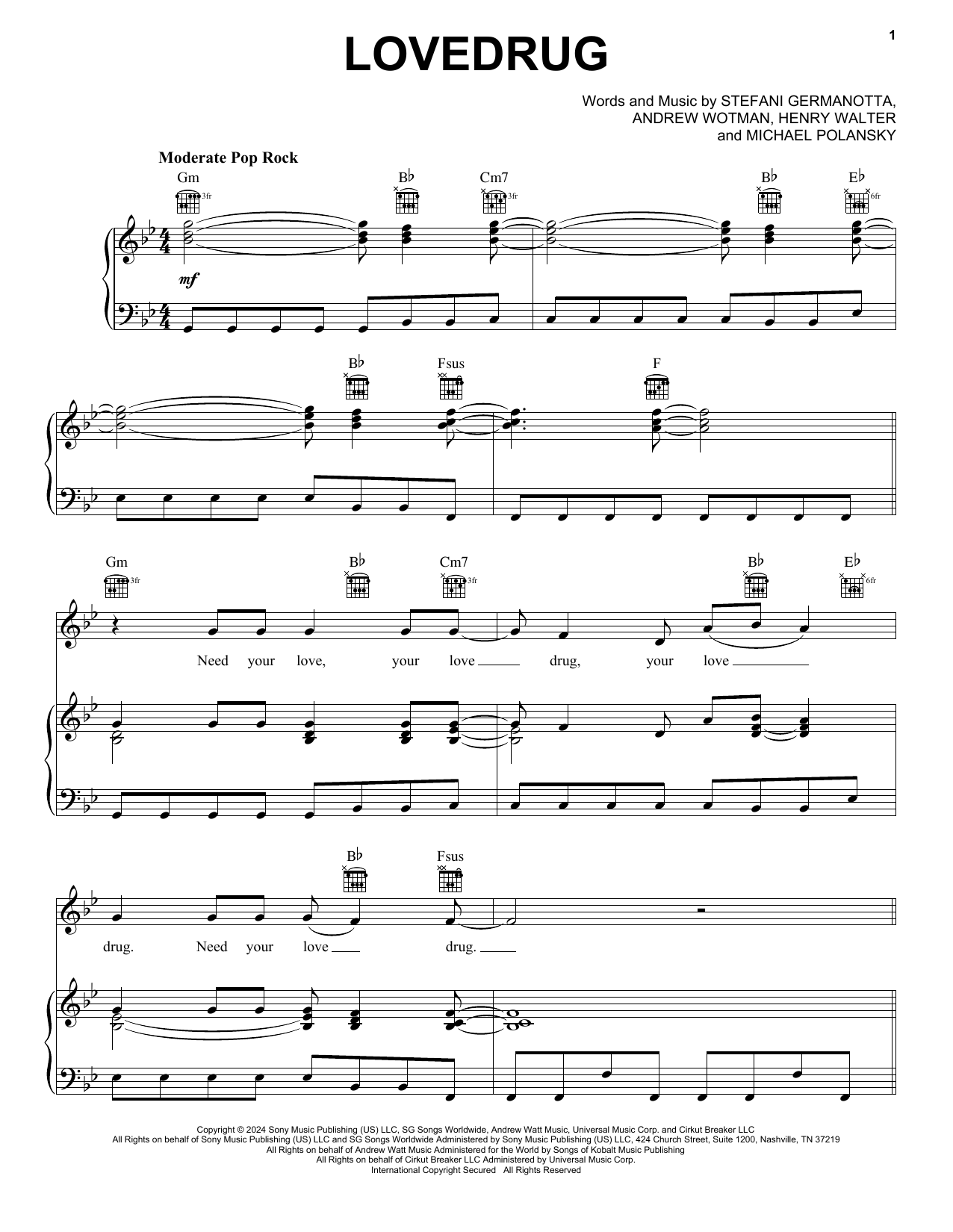 Download Lady Gaga LoveDrug Sheet Music and learn how to play Piano, Vocal & Guitar Chords (Right-Hand Melody) PDF digital score in minutes