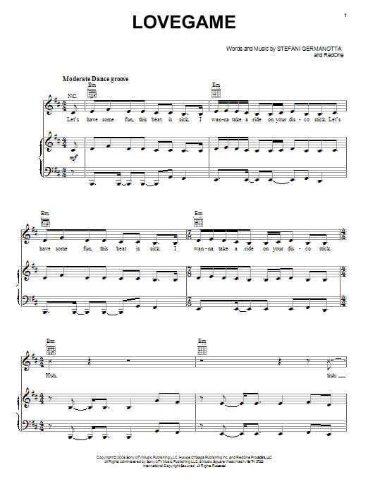 Download Lady Gaga LoveGame Sheet Music and learn how to play Piano, Vocal & Guitar (Right-Hand Melody) PDF digital score in minutes
