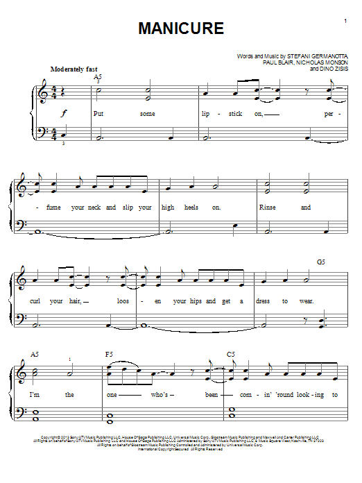 Download Lady Gaga Manicure Sheet Music and learn how to play Piano, Vocal & Guitar (Right-Hand Melody) PDF digital score in minutes