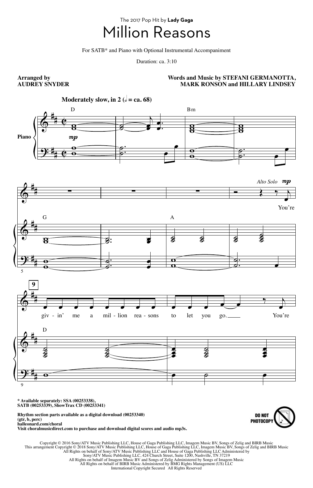 Download Audrey Snyder Million Reasons Sheet Music and learn how to play SATB PDF digital score in minutes
