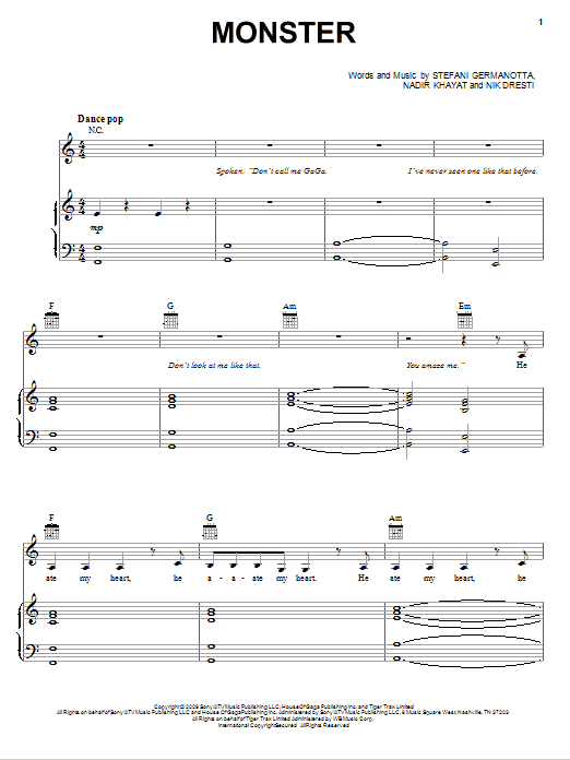 Download Lady GaGa Monster Sheet Music and learn how to play Piano, Vocal & Guitar (Right-Hand Melody) PDF digital score in minutes