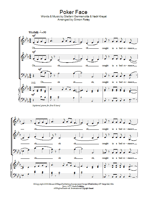 Download Lady GaGa Poker Face / Bad Romance Sheet Music and learn how to play SAB PDF digital score in minutes