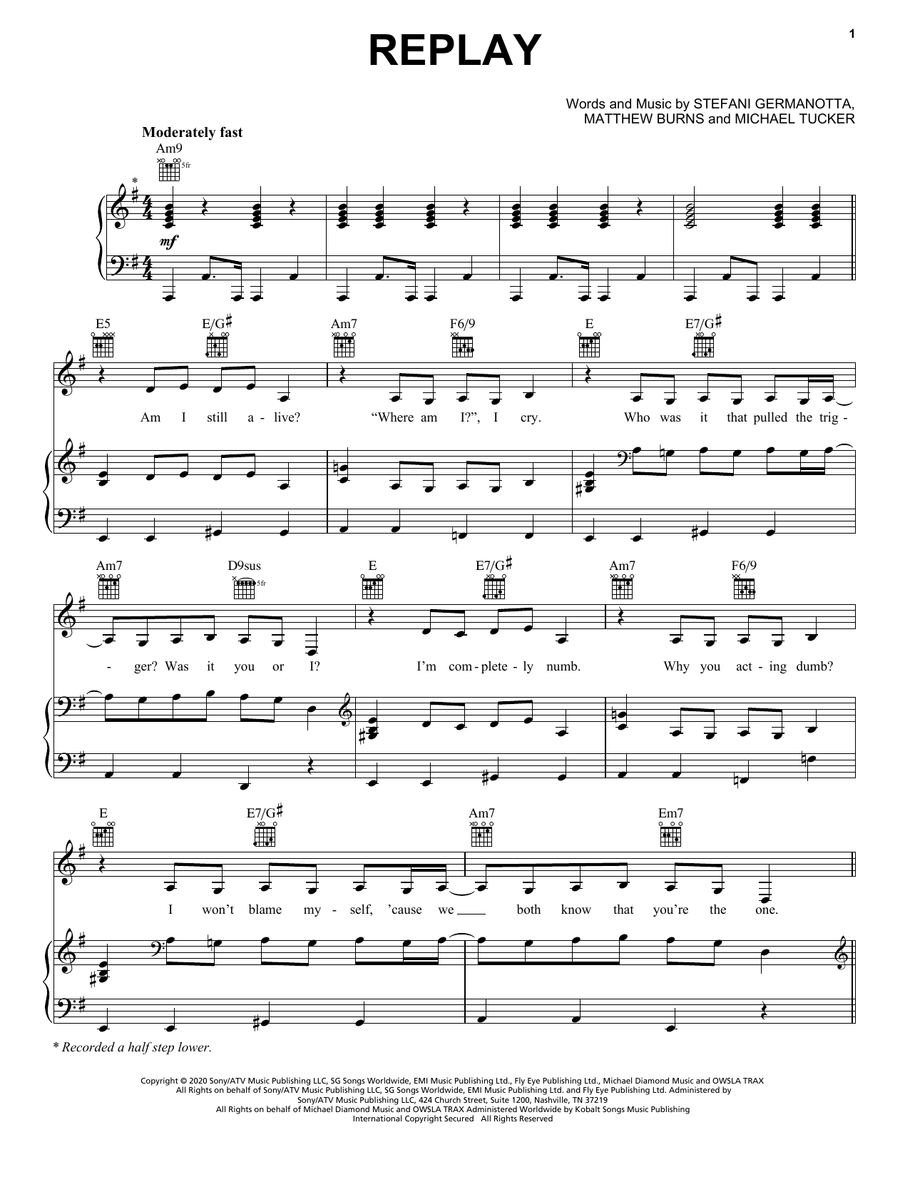 Download Lady Gaga Replay Sheet Music and learn how to play Piano, Vocal & Guitar Chords (Right-Hand Melody) PDF digital score in minutes