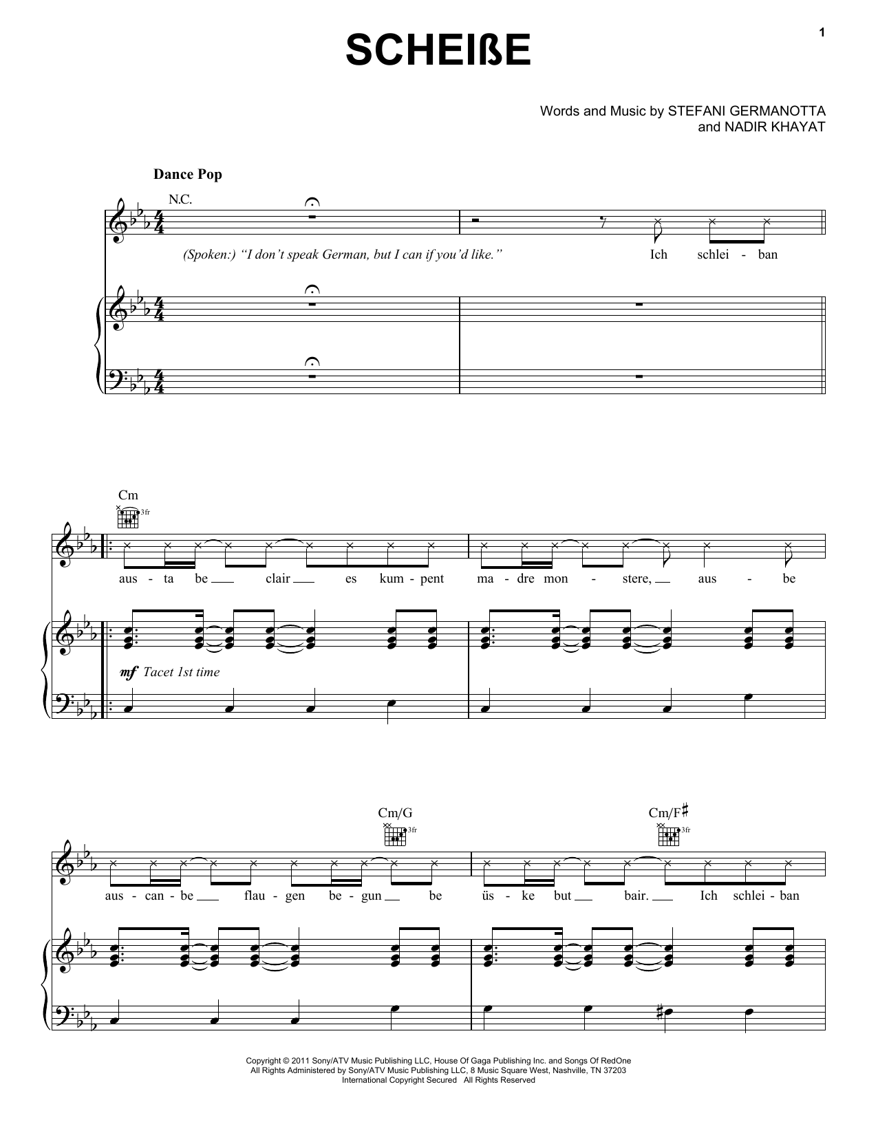 Download Lady Gaga Scheibe Sheet Music and learn how to play Piano, Vocal & Guitar (Right-Hand Melody) PDF digital score in minutes