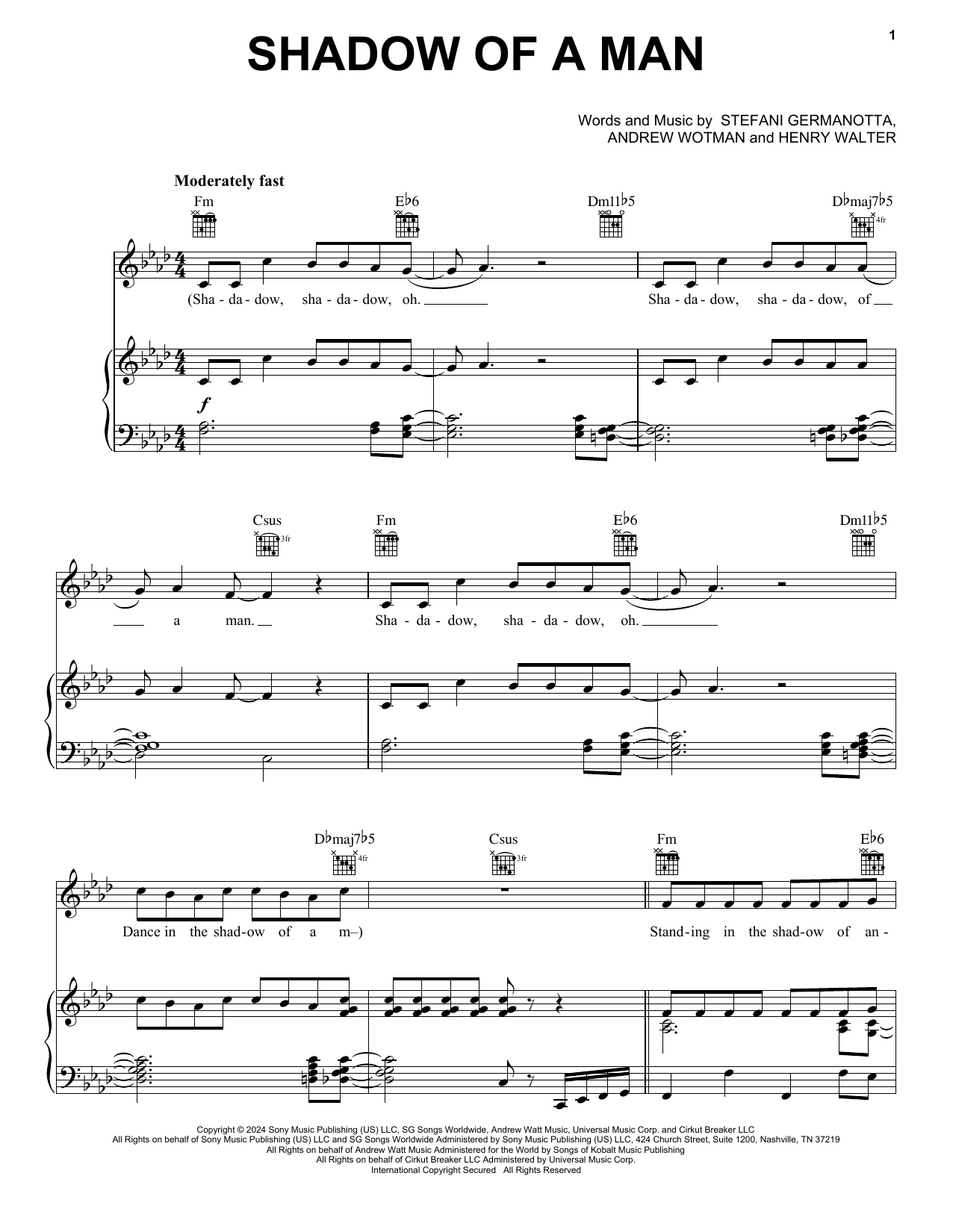 Download Lady Gaga Shadow Of A Man Sheet Music and learn how to play Piano, Vocal & Guitar Chords (Right-Hand Melody) PDF digital score in minutes
