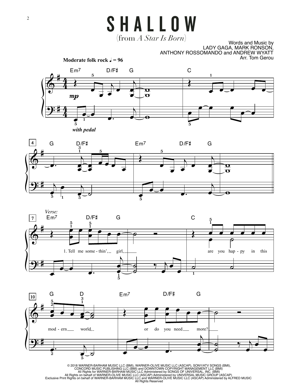 Download Lady Gaga Shallow (from A Star Is Born) (arr. Tom Gerou) Sheet Music and learn how to play Big Note Piano PDF digital score in minutes