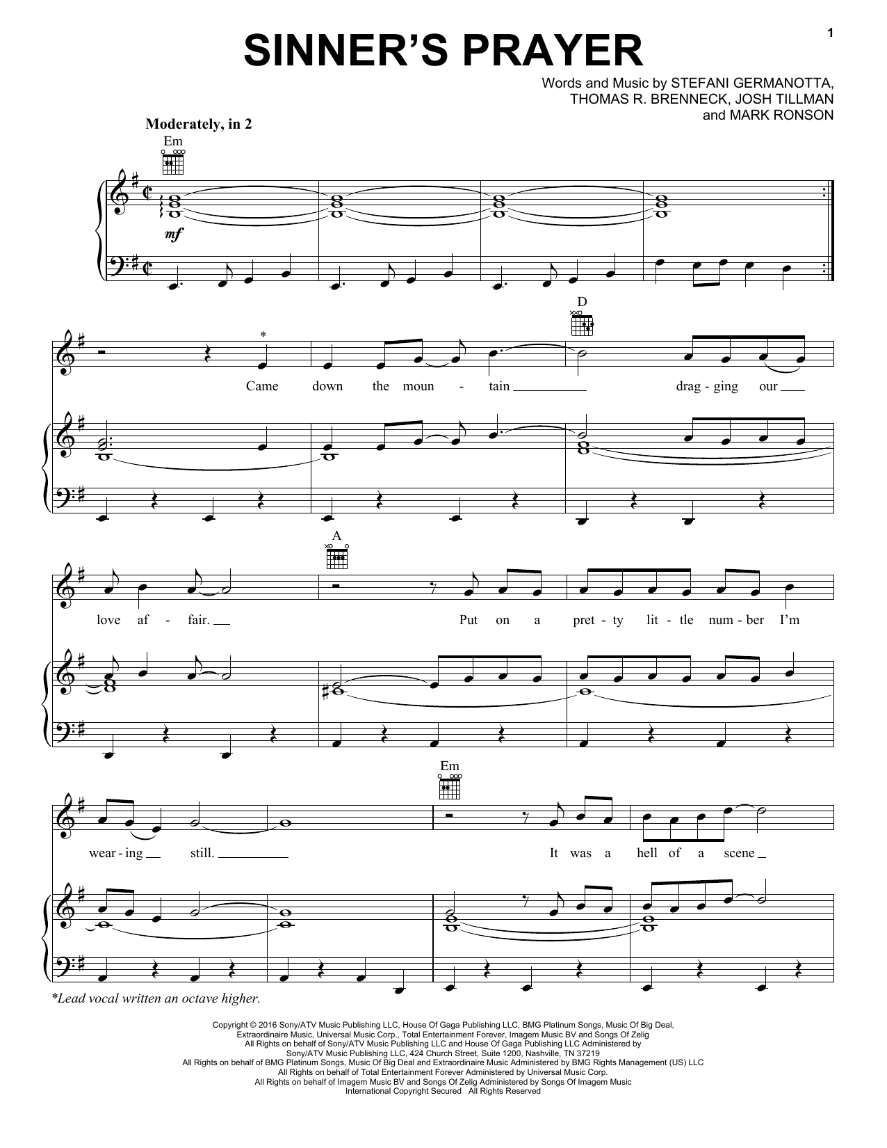 Download Lady Gaga Sinner's Prayer Sheet Music and learn how to play Piano, Vocal & Guitar (Right-Hand Melody) PDF digital score in minutes