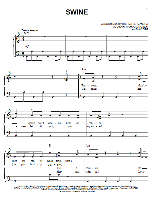 Download Lady Gaga Swine Sheet Music and learn how to play Piano, Vocal & Guitar (Right-Hand Melody) PDF digital score in minutes