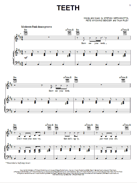 Download Lady GaGa Teeth Sheet Music and learn how to play Piano, Vocal & Guitar (Right-Hand Melody) PDF digital score in minutes