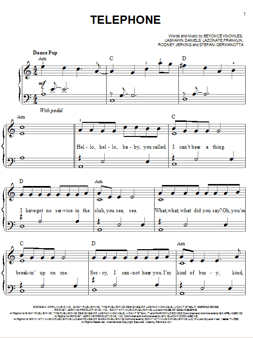 Download Lady Gaga Telephone (feat. Beyonce) Sheet Music and learn how to play Super Easy Piano PDF digital score in minutes