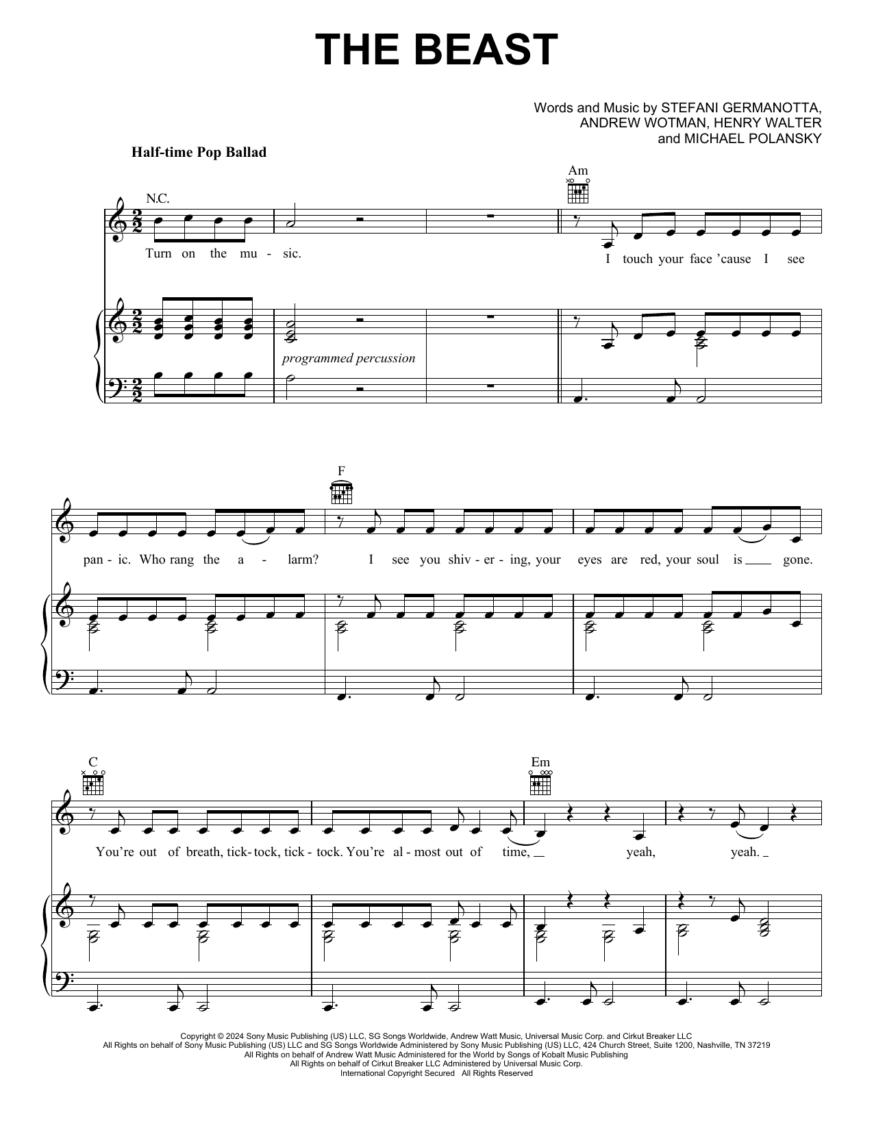 Download Lady Gaga The Beast Sheet Music and learn how to play Piano, Vocal & Guitar Chords (Right-Hand Melody) PDF digital score in minutes
