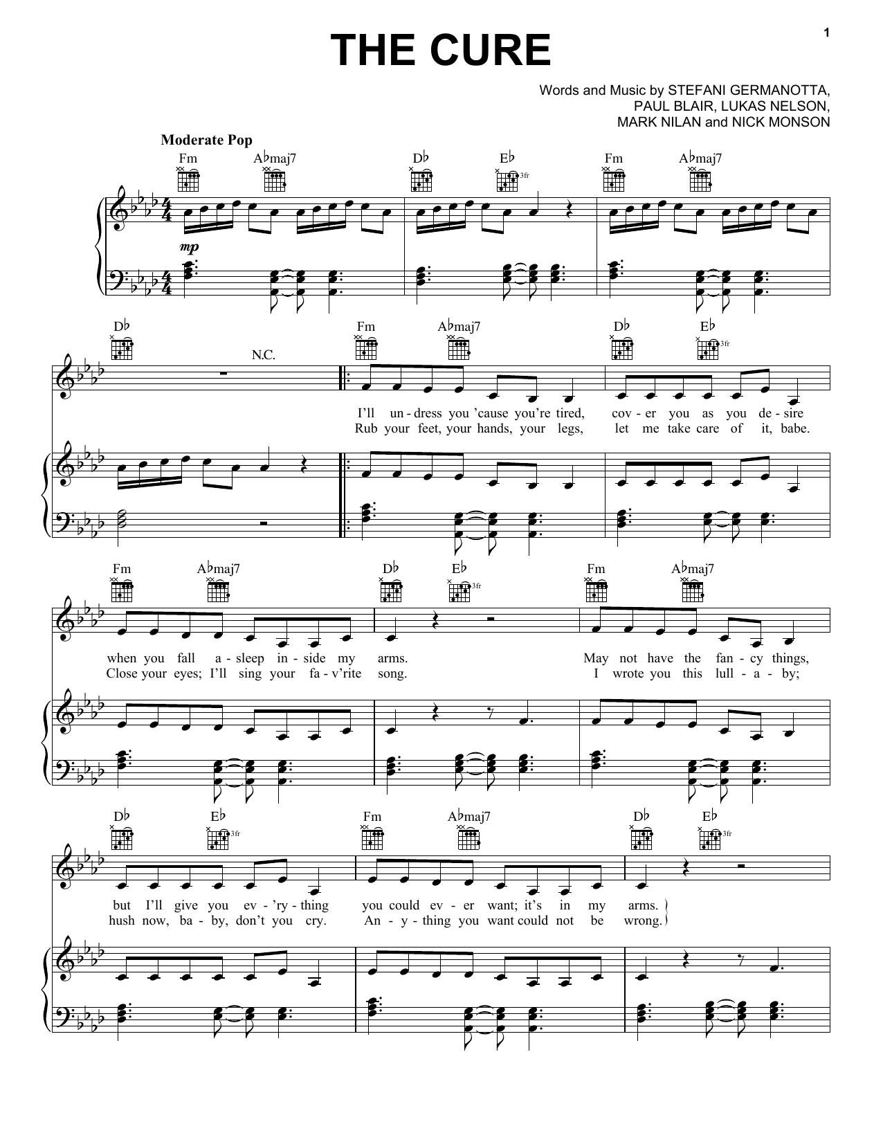 Download Lady Gaga The Cure Sheet Music and learn how to play Piano, Vocal & Guitar (Right-Hand Melody) PDF digital score in minutes