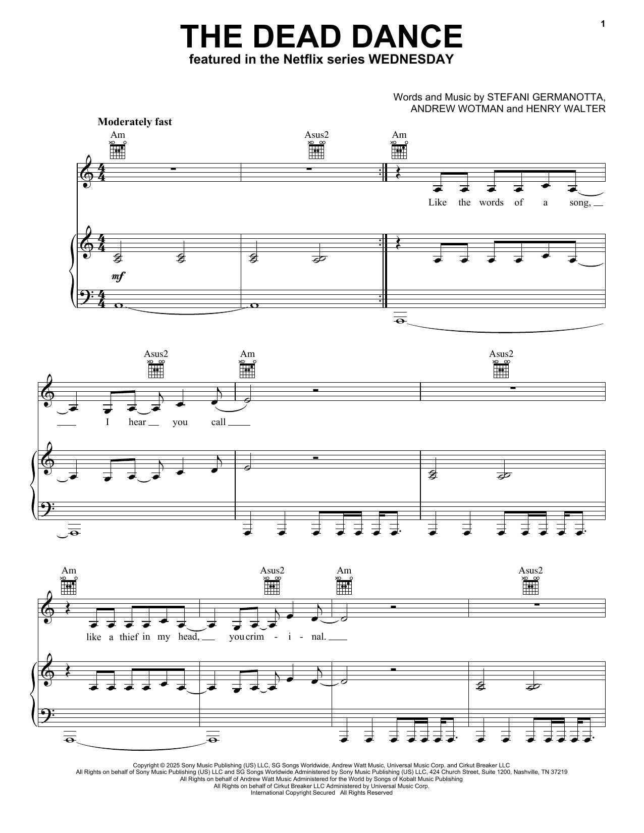 Download Lady Gaga The Dead Dance (from Wednesday) Sheet Music and learn how to play Piano, Vocal & Guitar Chords (Right-Hand Melody) PDF digital score in minutes