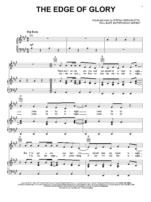 Download Lady Gaga The Edge Of Glory Sheet Music and learn how to play 5-Finger Piano PDF digital score in minutes