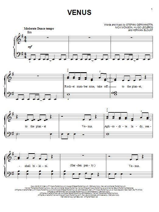 Download Lady Gaga Venus Sheet Music and learn how to play Easy Piano PDF digital score in minutes