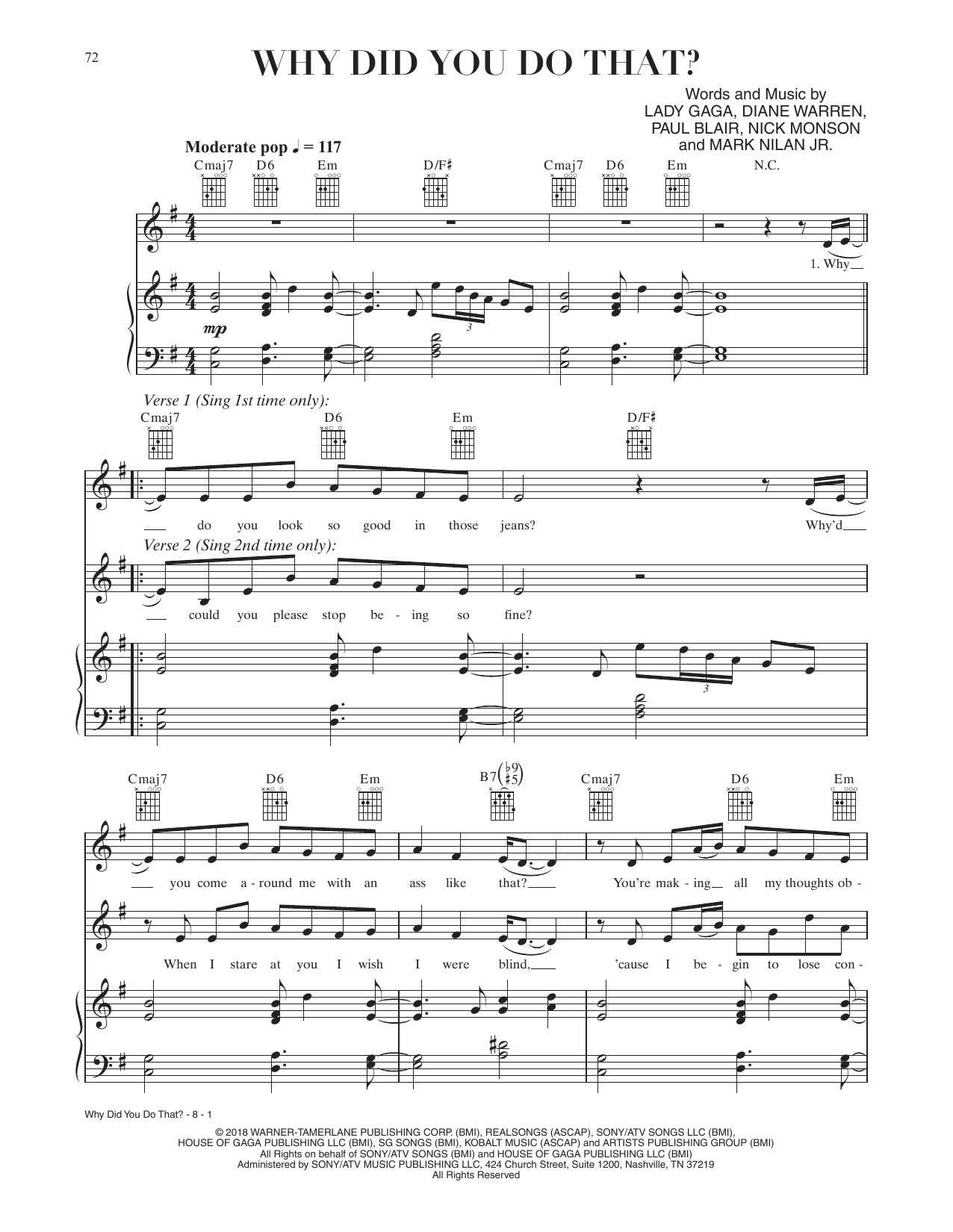 Download Lady Gaga Why Did You Do That? (from A Star Is Born) Sheet Music and learn how to play Piano, Vocal & Guitar Chords (Right-Hand Melody) PDF digital score in minutes