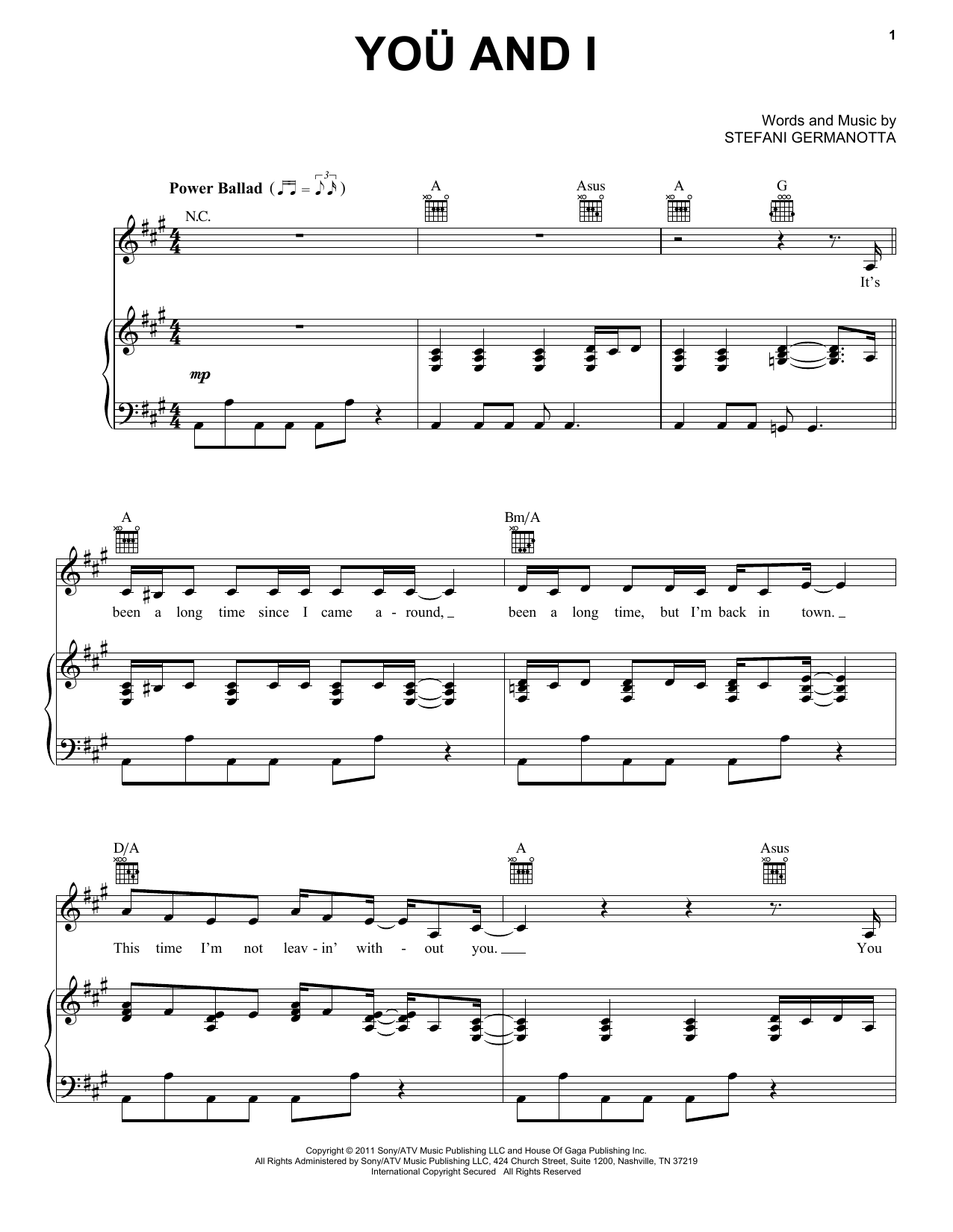Download Lady GaGa You And I Sheet Music and learn how to play Piano PDF digital score in minutes