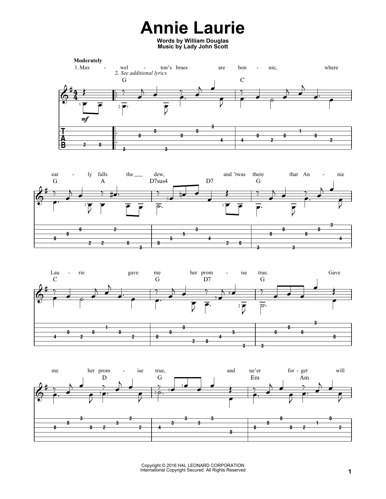 Download William Douglas Annie Laurie Sheet Music and learn how to play Guitar Tab PDF digital score in minutes