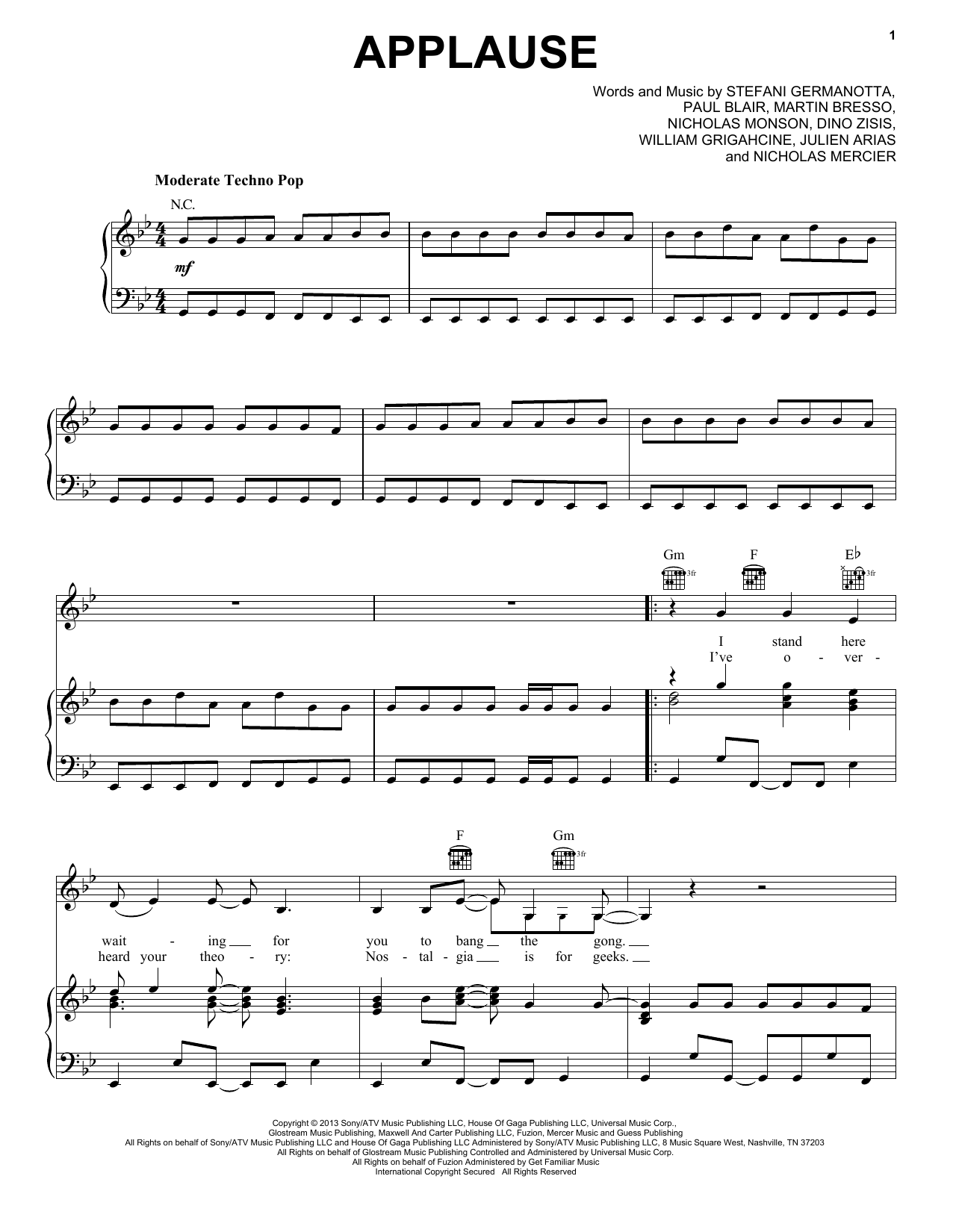 Lady Gaga Applause Sheet Music Notes Download Printable Pdf Score 154504 6781