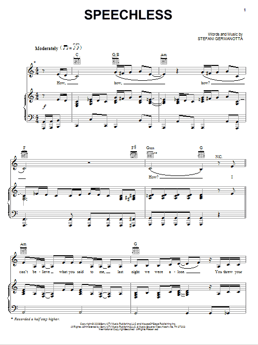 Lady Gaga Speechless Sheet Music Notes Download Printable PDF Score 