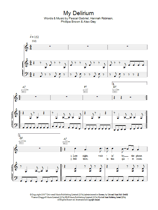 Download Ladyhawke My Delirium Sheet Music and learn how to play Piano, Vocal & Guitar PDF digital score in minutes