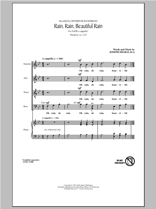 Download Joseph Shabalala Rain, Rain, Beautiful Rain Sheet Music and learn how to play SATB PDF digital score in minutes