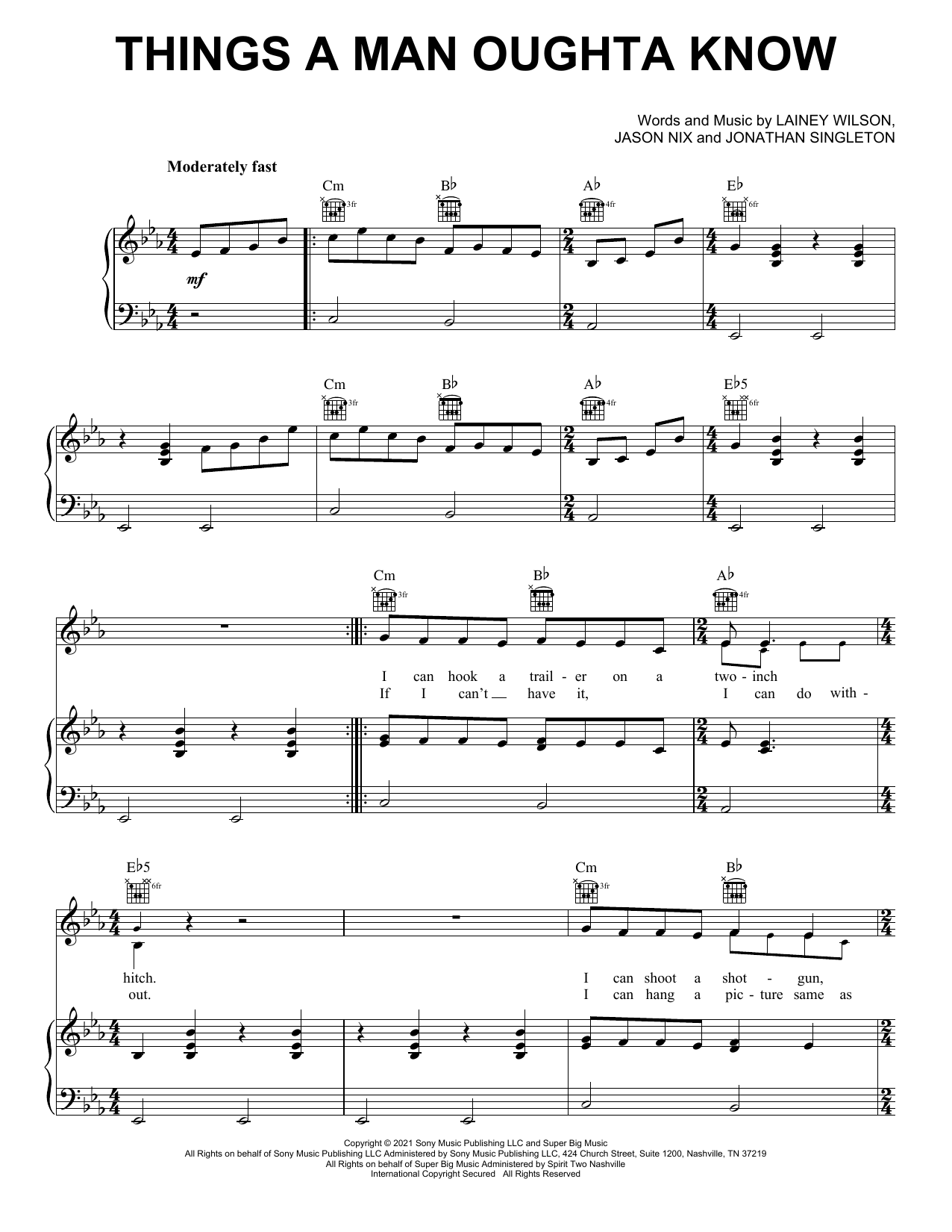 Download Lainey Wilson Things A Man Oughta Know Sheet Music and learn how to play Piano, Vocal & Guitar Chords (Right-Hand Melody) PDF digital score in minutes