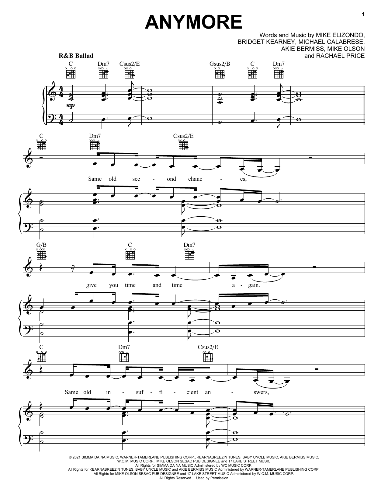 Download Lake Street Dive Anymore Sheet Music and learn how to play Piano, Vocal & Guitar Chords (Right-Hand Melody) PDF digital score in minutes