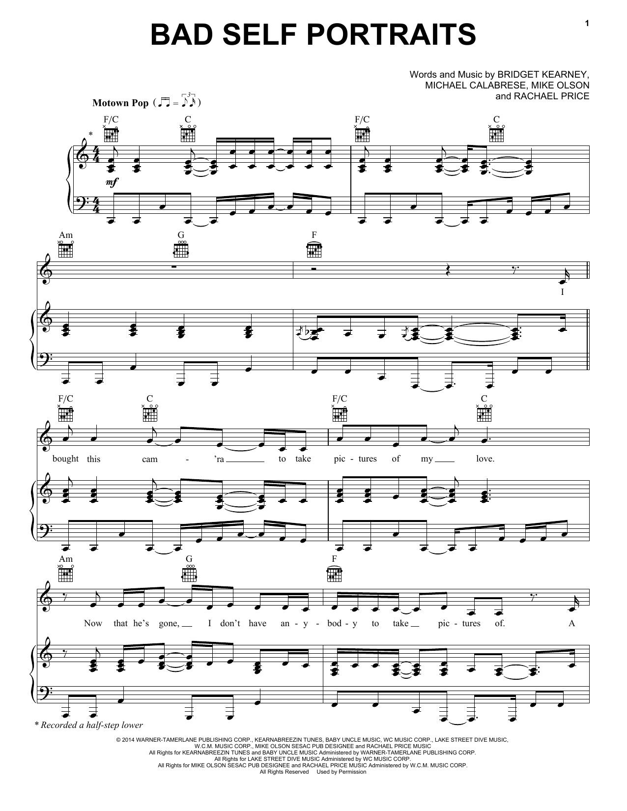 Download Lake Street Dive Bad Self Portraits Sheet Music and learn how to play Piano, Vocal & Guitar Chords (Right-Hand Melody) PDF digital score in minutes