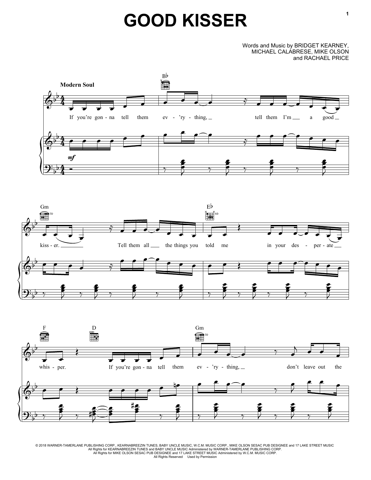 Download Lake Street Dive Good Kisser Sheet Music and learn how to play Piano, Vocal & Guitar Chords (Right-Hand Melody) PDF digital score in minutes