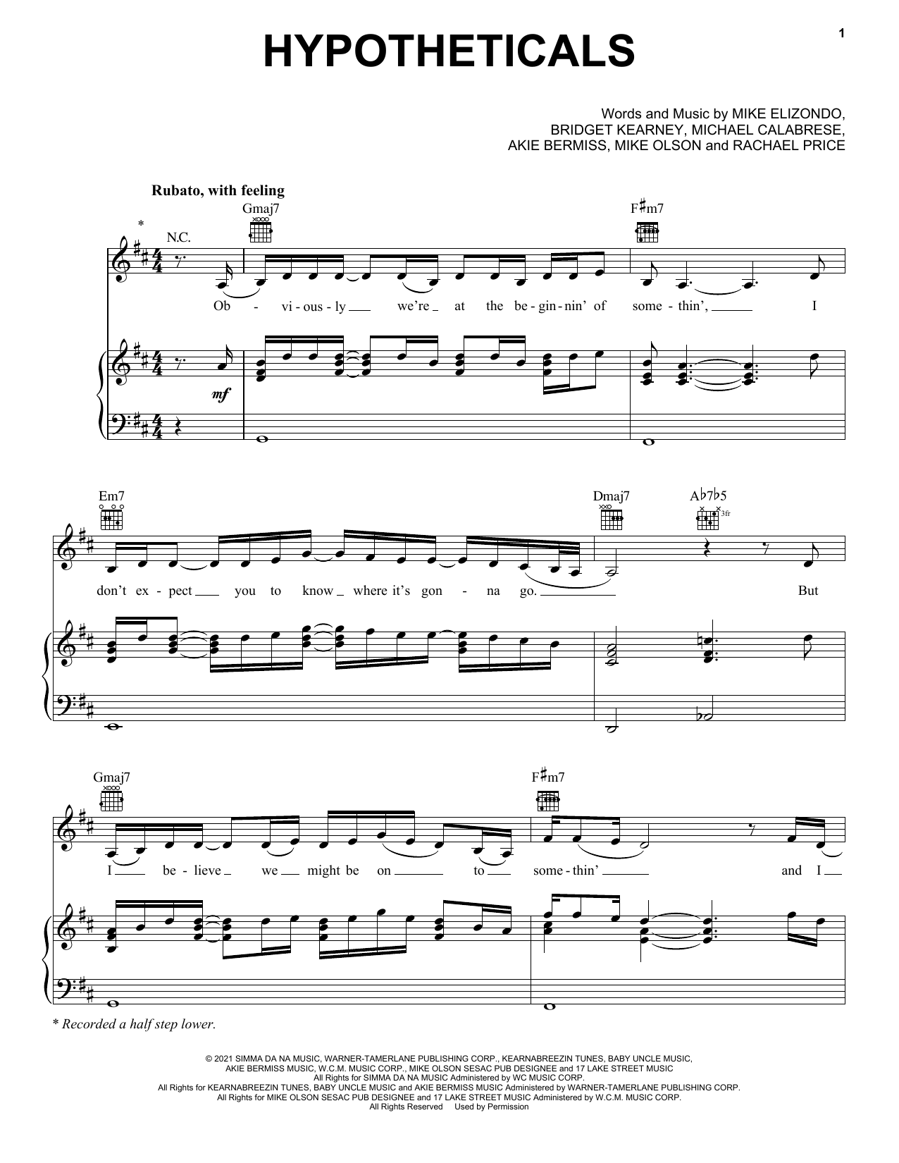 Download Lake Street Dive Hypotheticals Sheet Music and learn how to play Piano, Vocal & Guitar Chords (Right-Hand Melody) PDF digital score in minutes