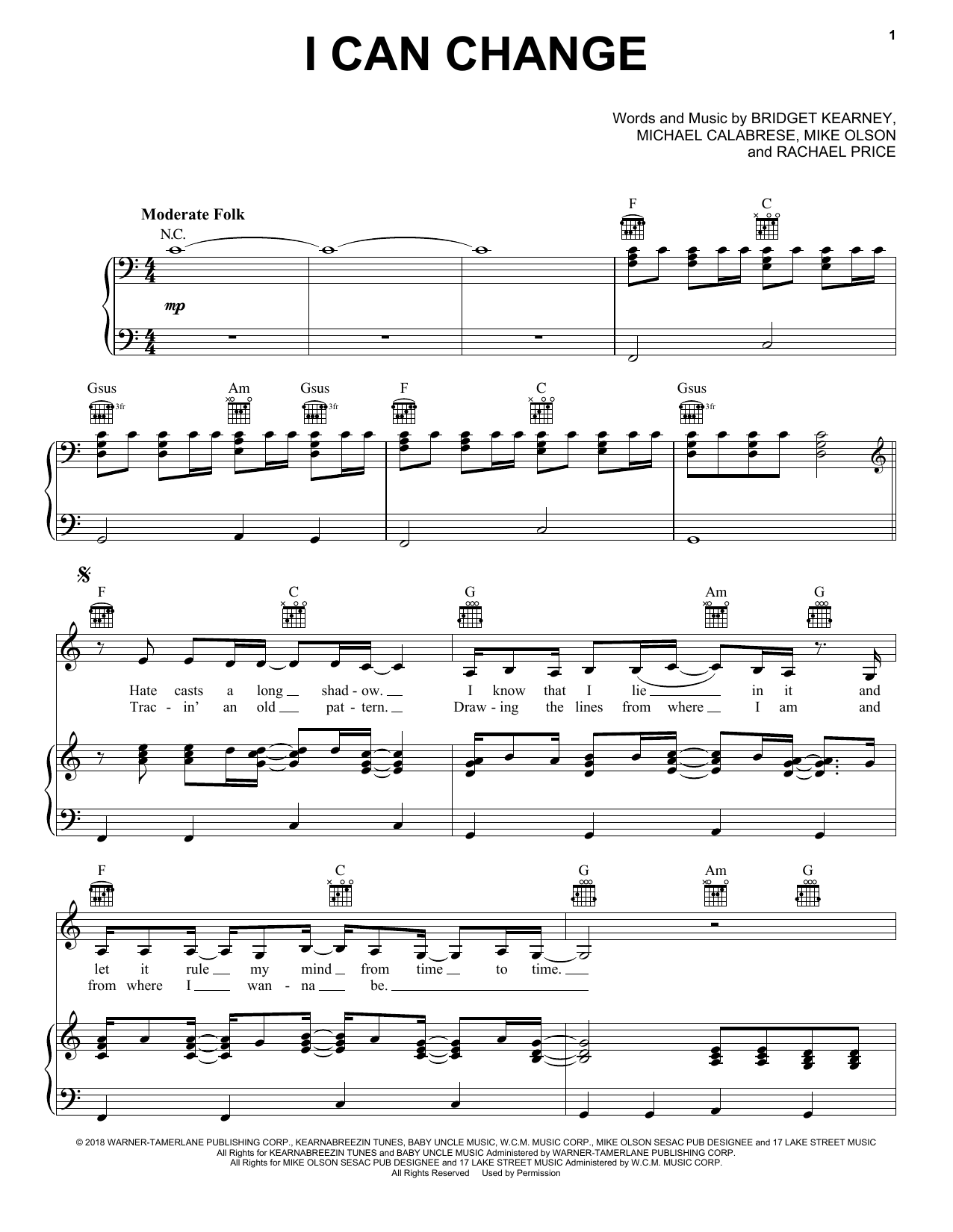 Download Lake Street Dive I Can Change Sheet Music and learn how to play Piano, Vocal & Guitar Chords (Right-Hand Melody) PDF digital score in minutes