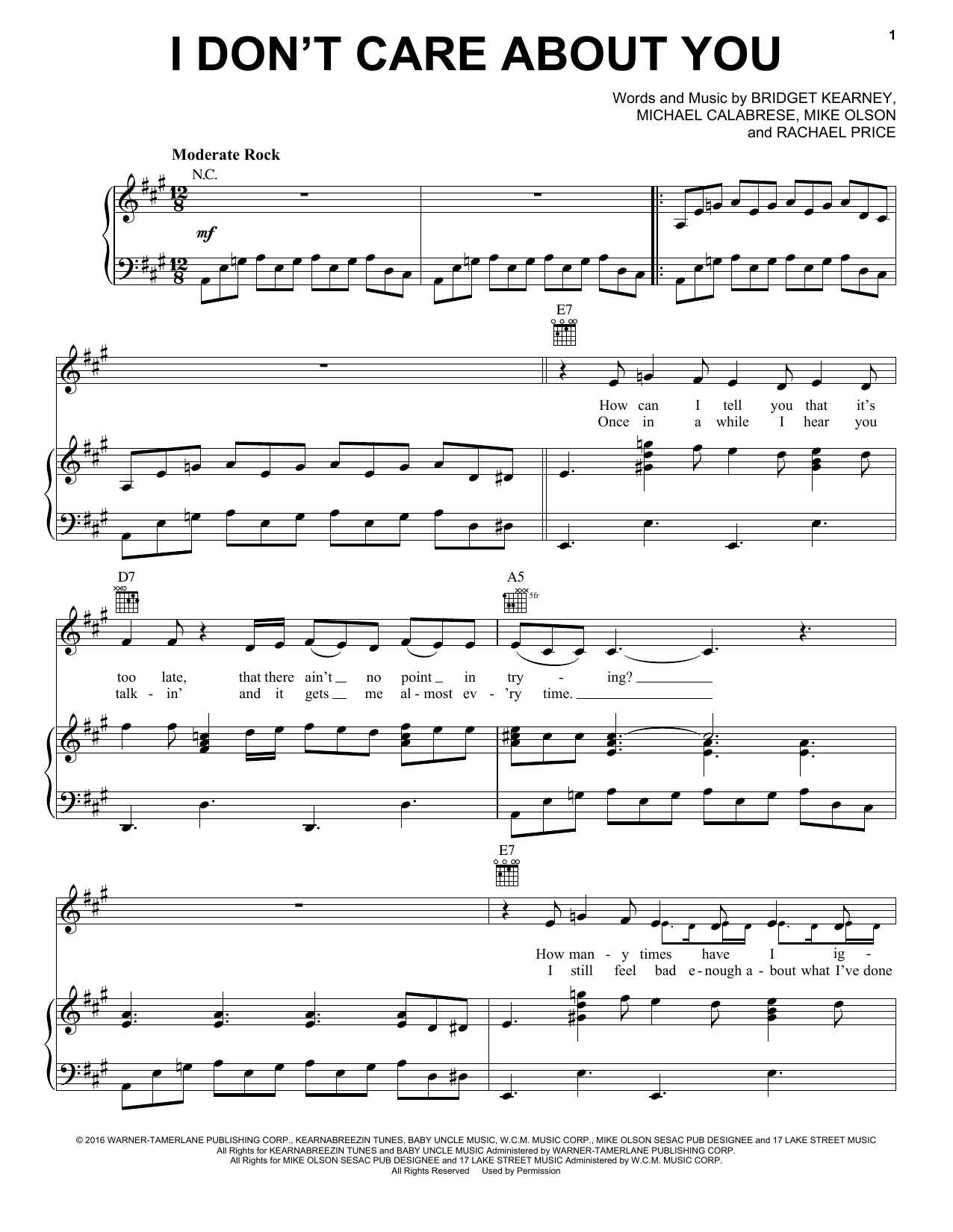 Download Lake Street Dive I Don't Care About You Sheet Music and learn how to play Piano, Vocal & Guitar Chords (Right-Hand Melody) PDF digital score in minutes