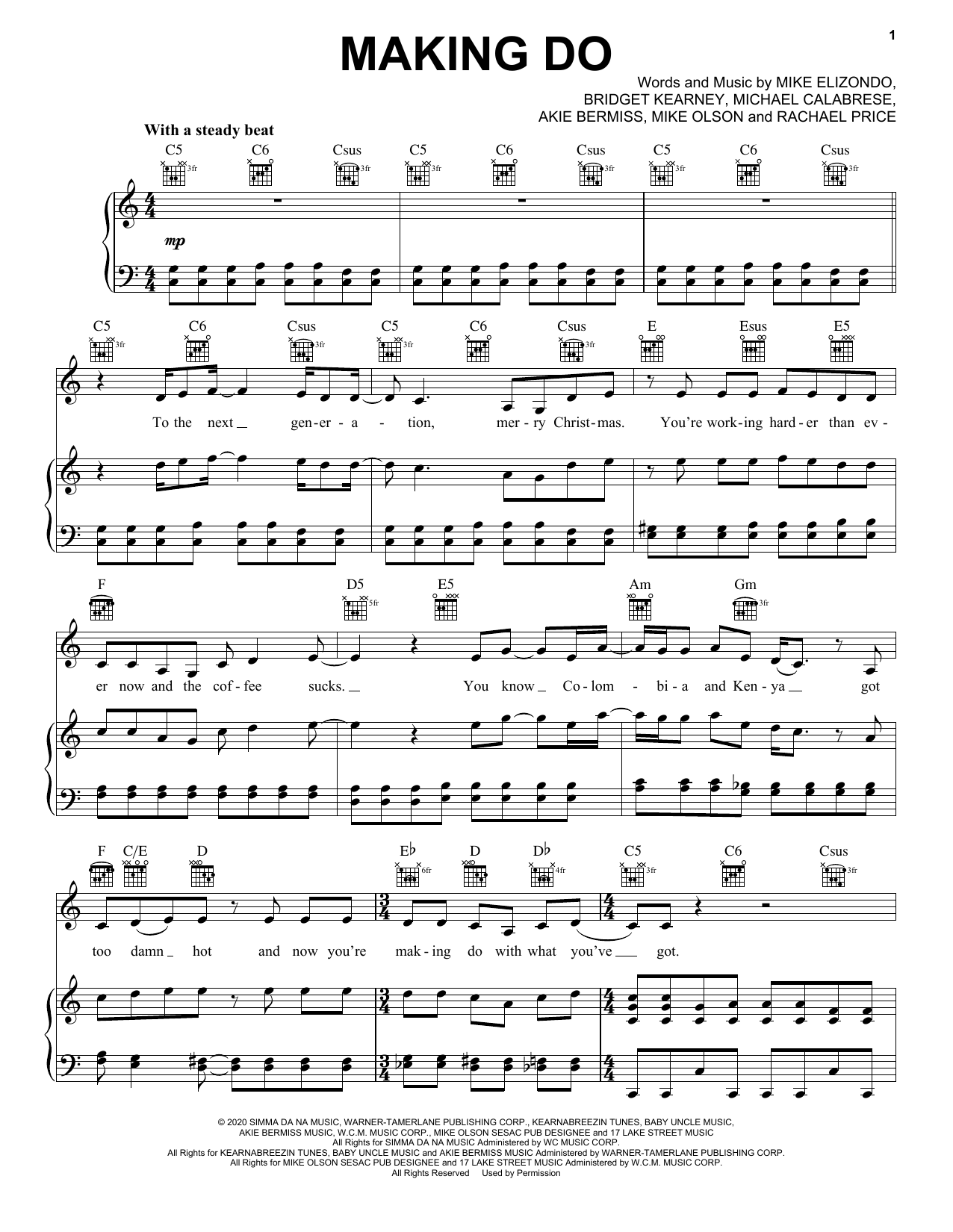 Download Lake Street Dive Making Do Sheet Music and learn how to play Piano, Vocal & Guitar Chords (Right-Hand Melody) PDF digital score in minutes