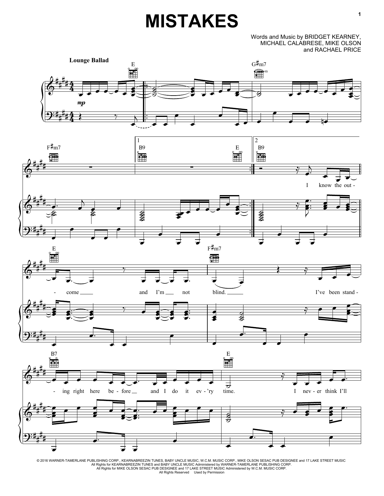 Download Lake Street Dive Mistakes Sheet Music and learn how to play Piano, Vocal & Guitar Chords (Right-Hand Melody) PDF digital score in minutes