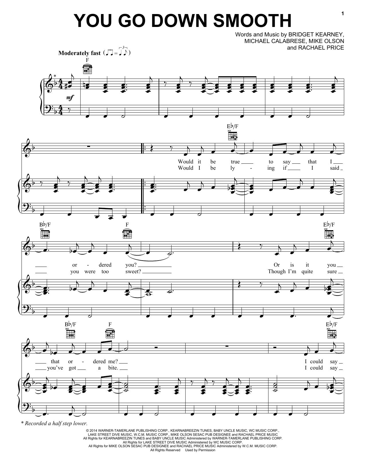 Download Lake Street Dive You Go Down Smooth Sheet Music and learn how to play Piano, Vocal & Guitar Chords (Right-Hand Melody) PDF digital score in minutes