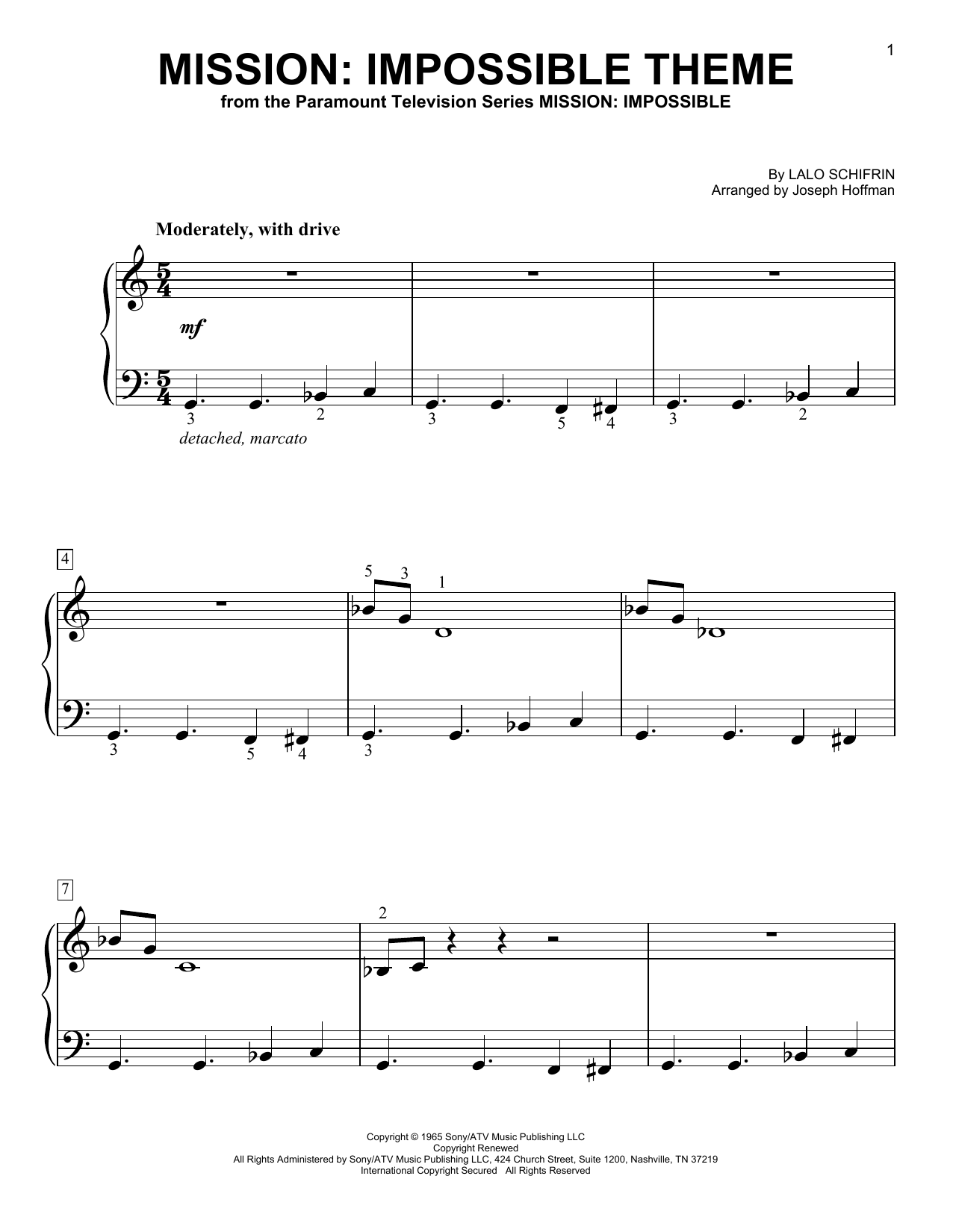 Download Lalo Schifrin Mission: Impossible Theme (arr. Joseph Hoffman) Sheet Music and learn how to play Easy Piano PDF digital score in minutes