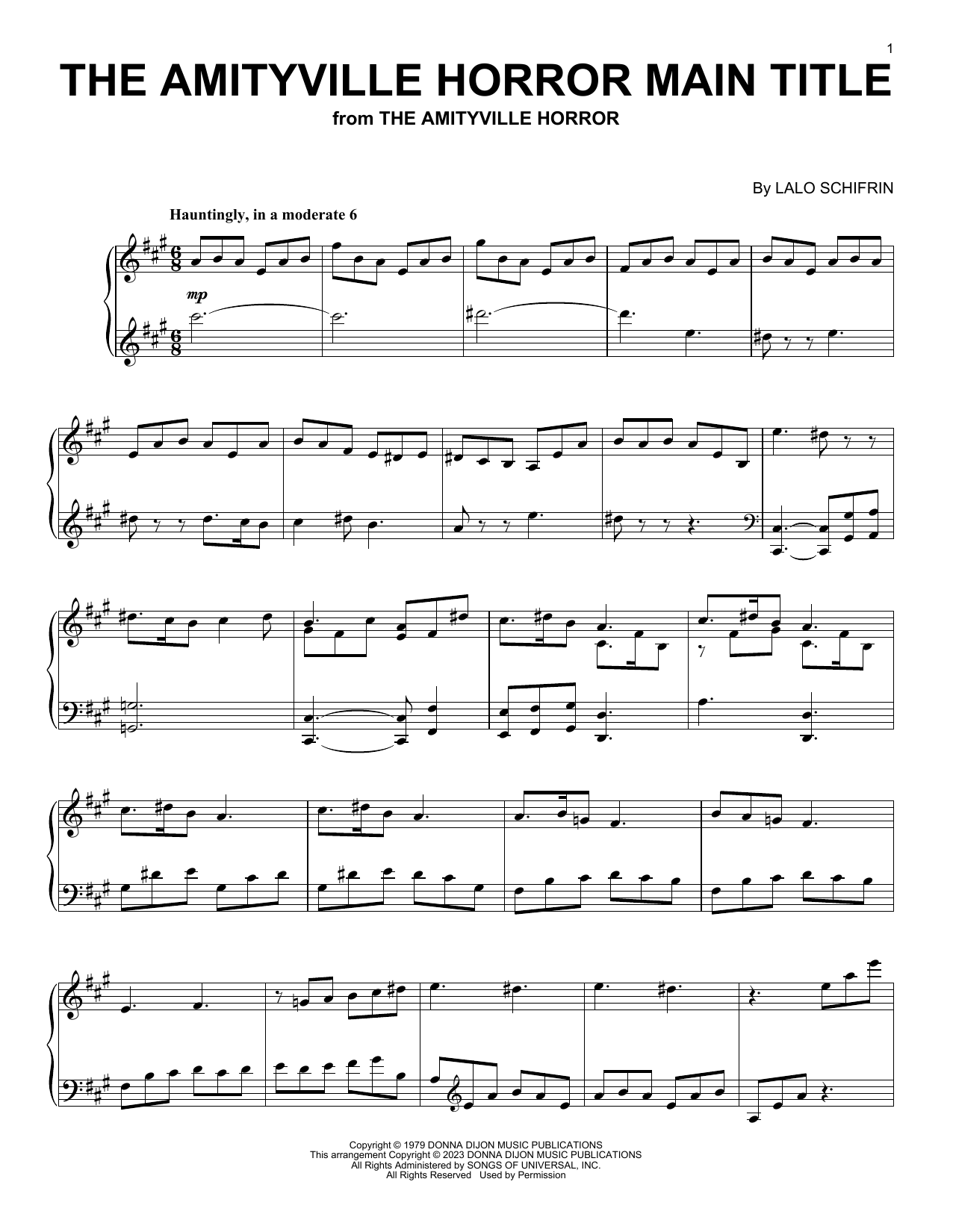 Download Lalo Schifrin The Amityville Horror Main Title Sheet Music and learn how to play Piano Solo PDF digital score in minutes
